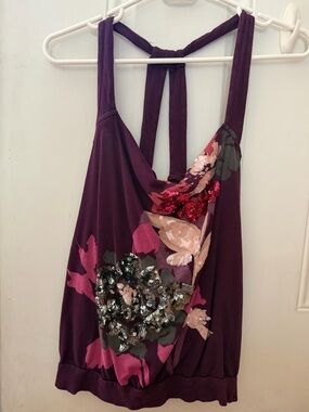 Express Purple Floral Sequin Halter Back Tank Top M Medium